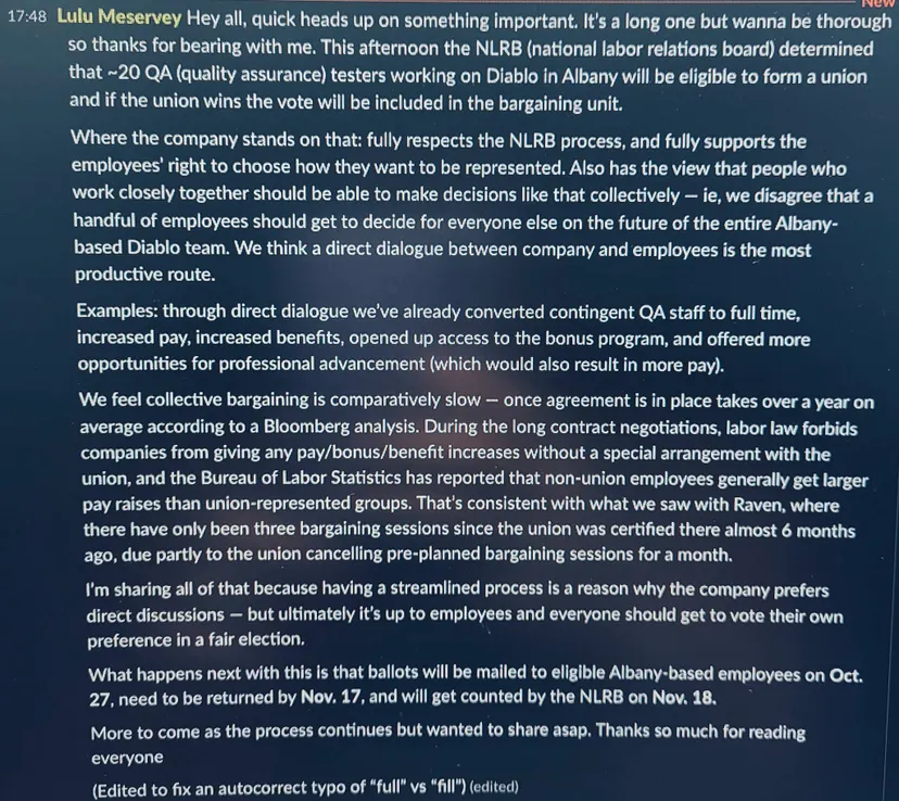 Lulu Cheng Meservey's message to Activision Blizzard employees softly condemning efforts to unionize at Blizzard Albany.