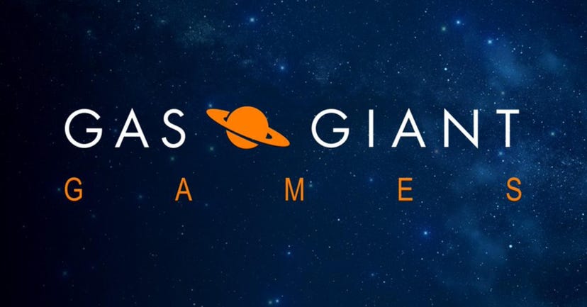 Logo for new game developer Gas Giant Games set amidst a space background.
