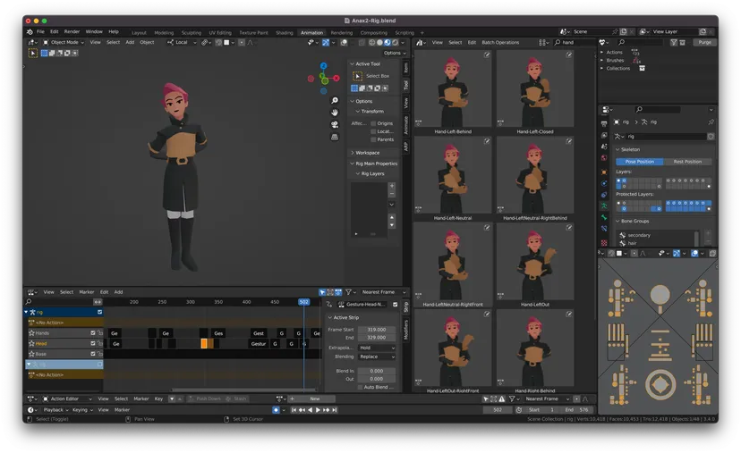 Blender 3D with a character with pink hair in the feature window