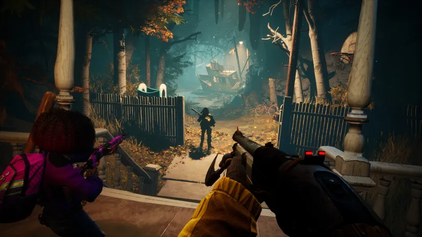 Server A screenshot from Redfall showing three players preparing to enter a spooky gulch