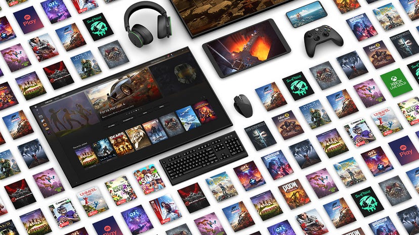 Artwork showing the Xbox Game Pass catalog and a range of compatible devices