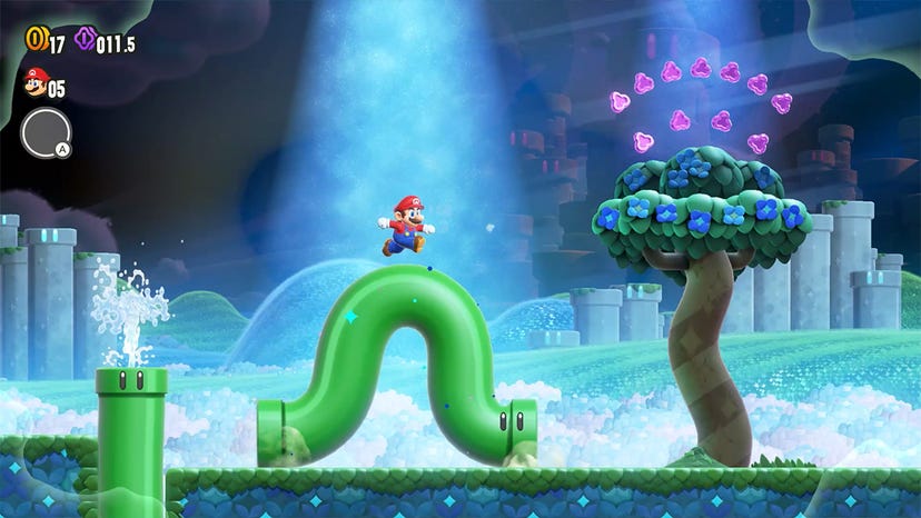 Mario riding on a sentient pipe in Super Mario Bros. Wonder