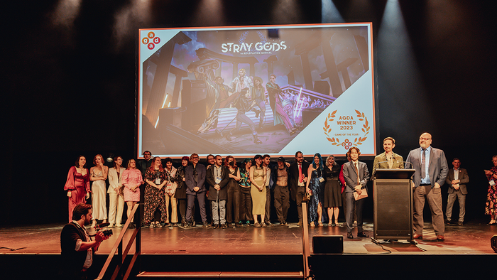 The Summerfall team collect the Game of the Year award for Stray Gods at the 2023 AGDAs
