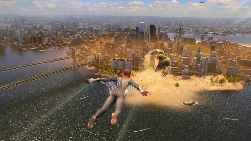 Peter Parker flies over the Hudson River to enter a fight with Sandman.