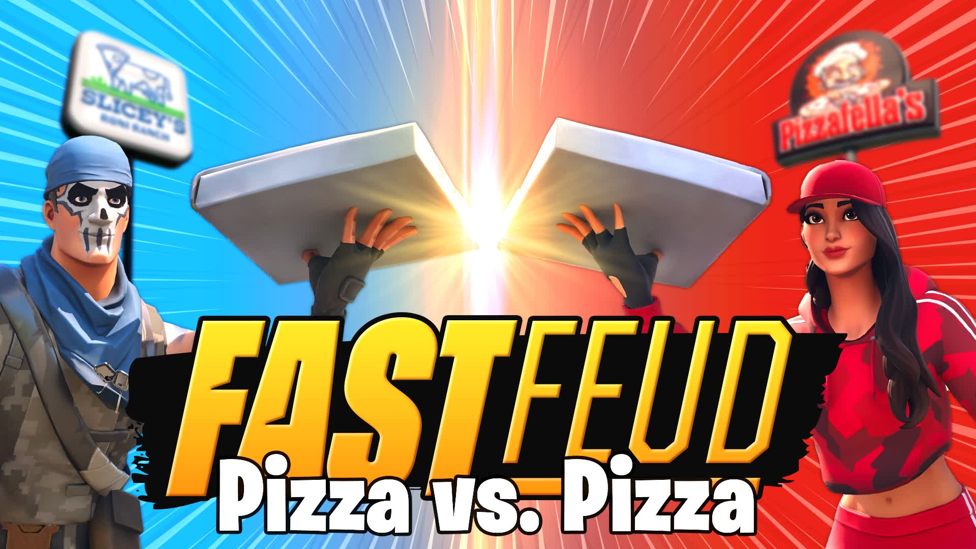 A promo image for Fast Feud, Pizza vs. Pizza. Two Fortnite characters wield pizza boxes in front of red and blue backgrounds. A promo image for Fast Feud, Pizza vs. Pizza. Two Fortnite characters wield pizza boxes in front of red and blue backgrounds.