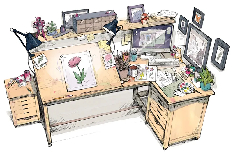 2d illustration of a desk with artwork