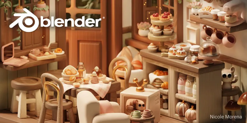 a 3d scene of cozy furniture and baked goods