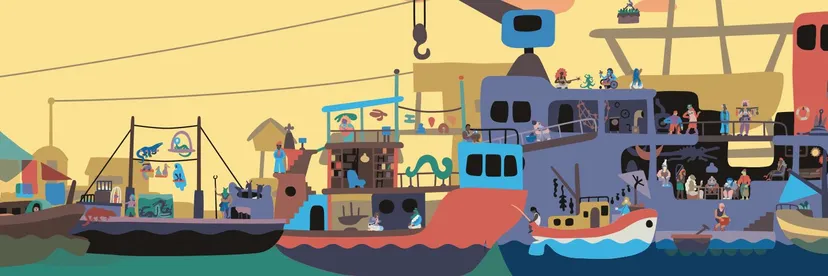 A screenshot from a location which depicts a flotilla of boats all lashed together to produce a vibrant floating trade community known in the game as The Float