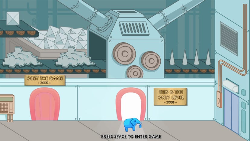 The Elephant Collection screen showing a blue cartoon elephant in a cartoon factory