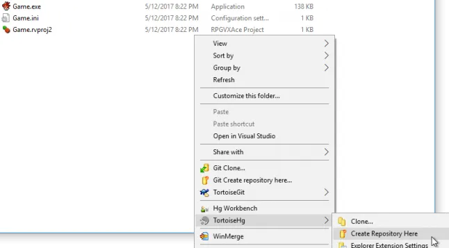 Screenshot: Creating a Mercurial repository