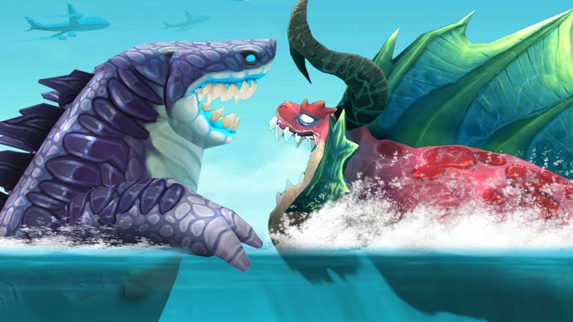 Shark vs. Sharkjira in the key art for Ubisoft London's Hungry Shark Evolution.