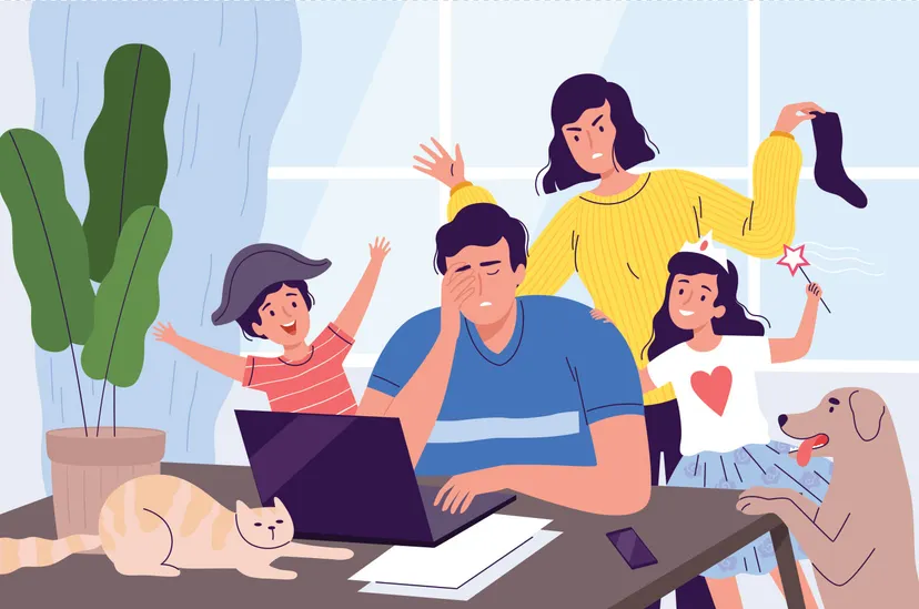 A cartoon illustration of a man working from home, seated at a personal computer, surrounded by familial distractions.