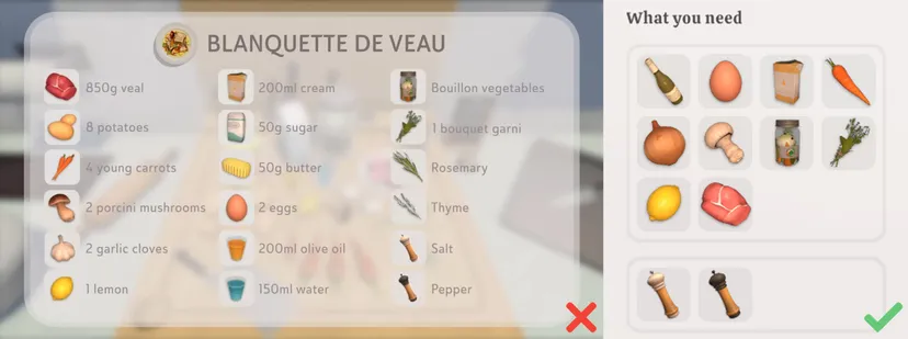 A screenshot of the Blanquette De Veau recipe in Chef Life.
