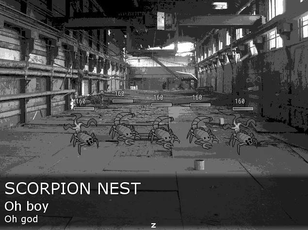 A screenshot from I Hate You, Please Suffer. It's a turn-based battle against 5 scorpions. The text reads