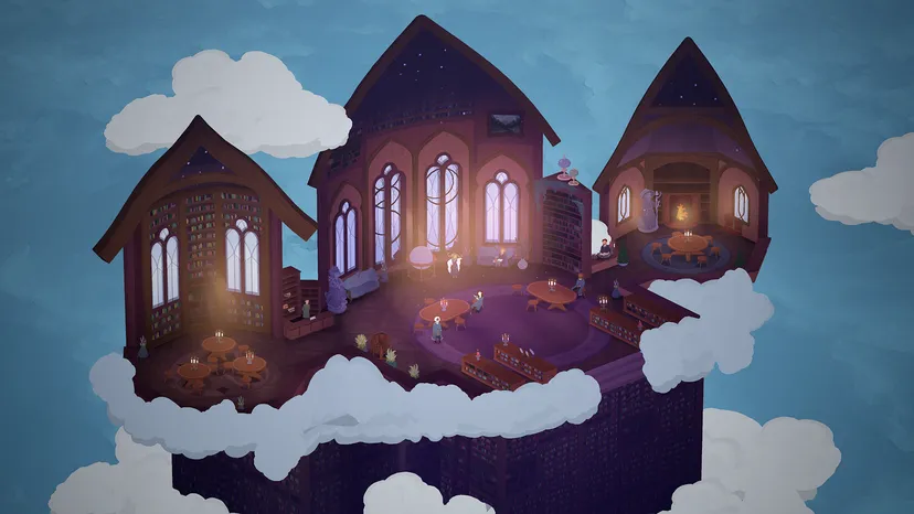 An interior shot of the library, with multiple rooms.