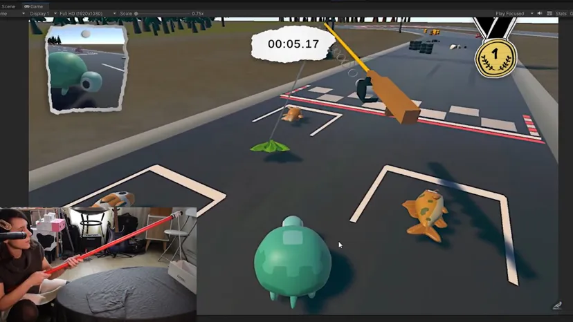 a fishing rod, tortoise, and fish on a simple racetrack