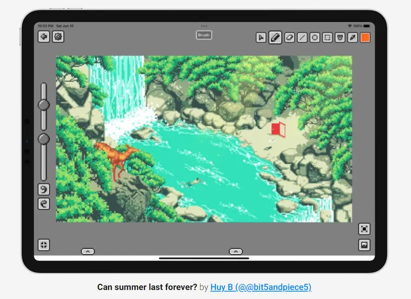 pixquare software on ipad, featuring a summer waterfall in pixel art