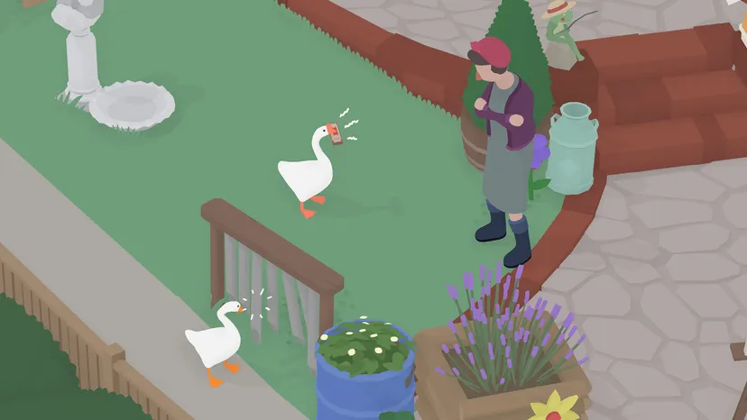 A screenshot from Untitled Goose Game showing off co-op gameplay.
