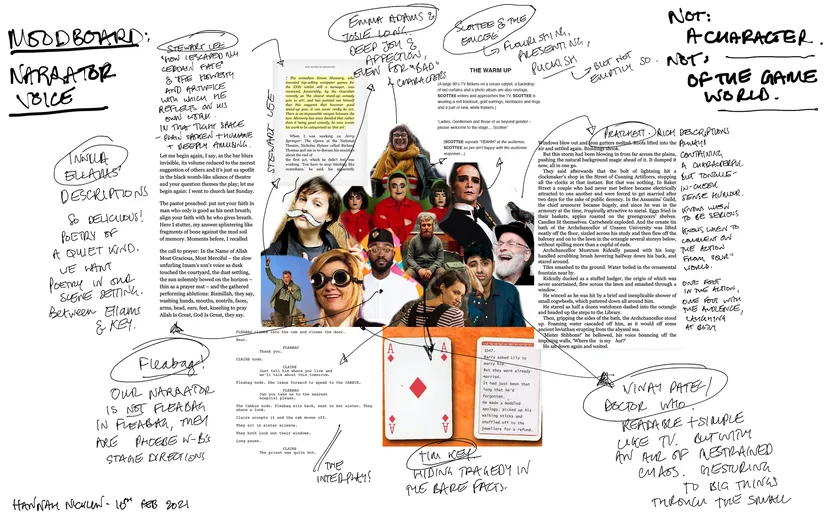A scrappy hand annotated selection of images of artists, comedians and authors with excerpts from their writing which tries to summarise an approach to the narrator voice.