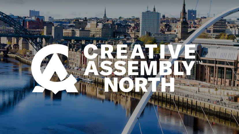 The Creative Assembly North logo placed on a scenic photograph of Newcastle