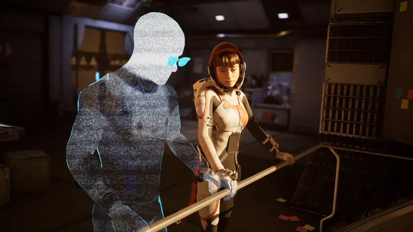 The protagonist of Deliver Us Mars and a human-shaped hologram overlook a guardrail.