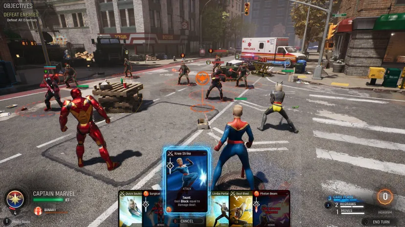 Gameplay of Marvel's Midnight Suns. Several Marvel heroes square off against an unknown enemy.