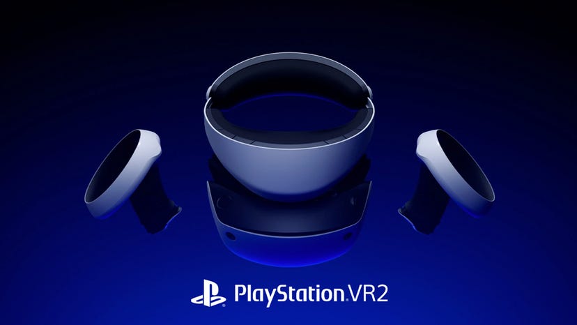 A screenshot of the PlayStation VR2 headset and controllers on a blue background