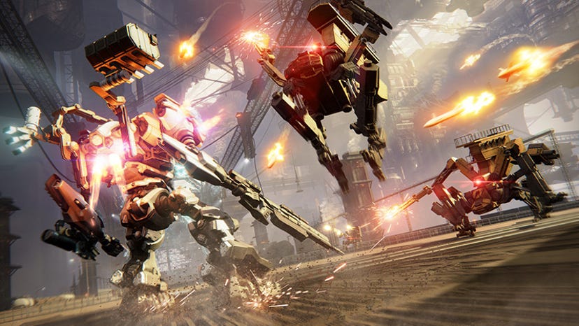 A mech battles two other mechs in Armored Core VI.
