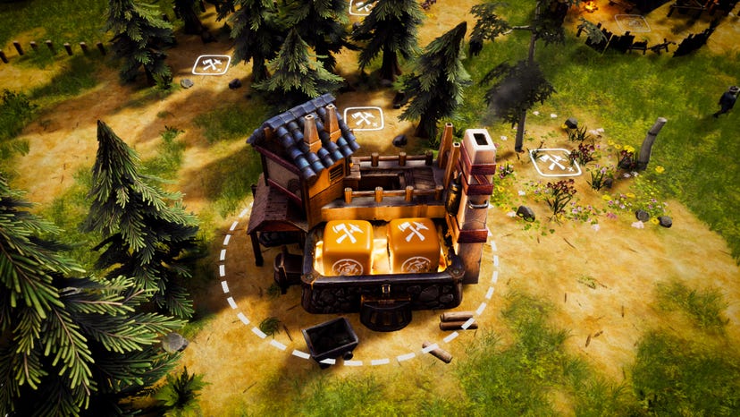A screenshot from Dice Legacy. Two orange dice are placed on a miniature building