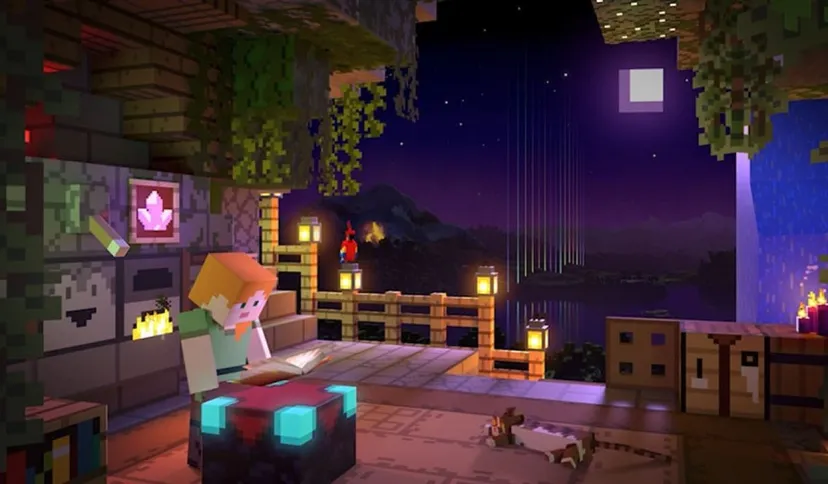 A Minecraft character reads a book in a pleasant, glowing room on a starry night.