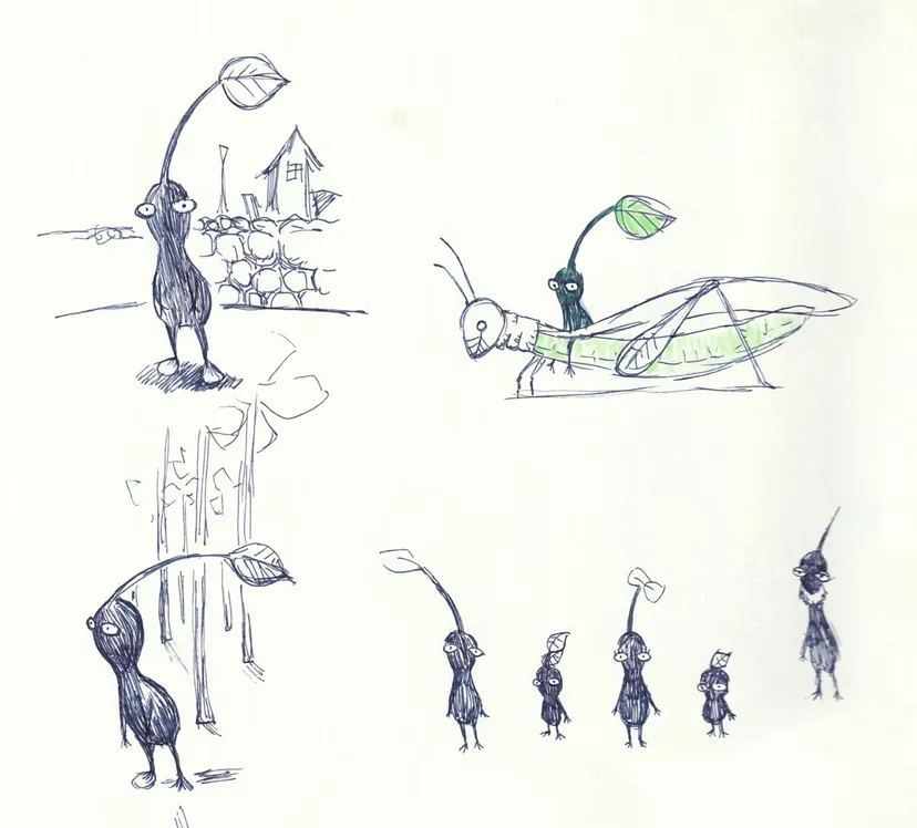 Later concept sketches that show a rough drawing of a bipedal Pikmin with a leaf on its head