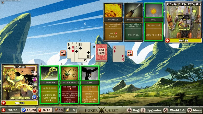 A combat encounter betweena Druid and a Robot from Poker Quest. A spread of playing cards is in the center of the screen, with poker hand-based abilities for the player and monster displayed at the top and bottom of the screen respectively.