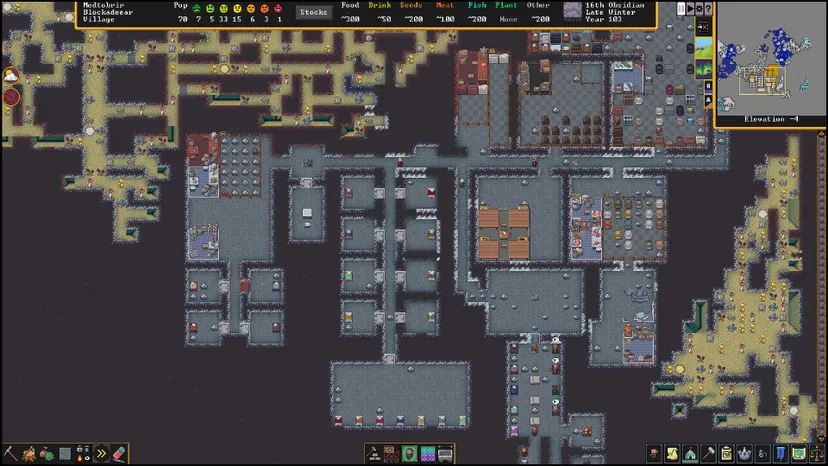 A screenshot depicting some of the labyrinthian fortresses of Dwarf Fortress.