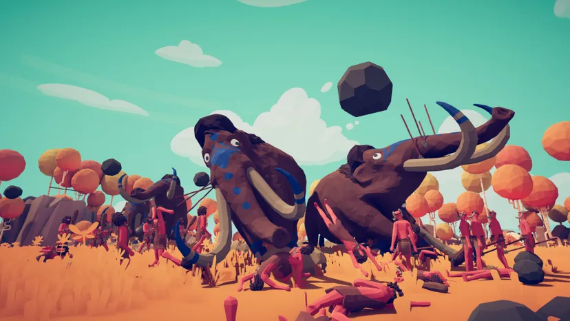 A screenshot from Totally Accurate Battle Simulator. Cartoonish mammoths battle equally cartoonish cave-people.