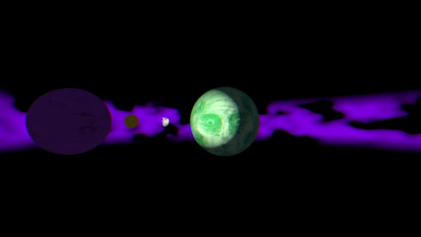 A surreal screenshot from the game depicts a strange green moon with a human face against a black and purple smoke background.