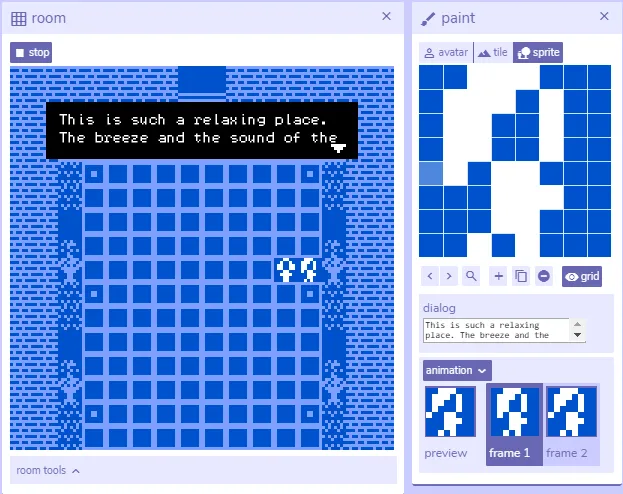 Bitsy game engine pixel editor with blue tiles