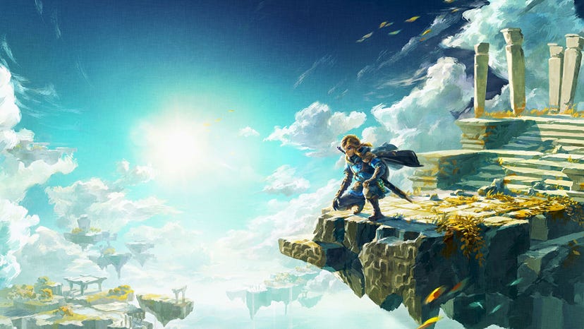 Key artwork for Tears of the Kingdom showing Link surveying a floating island chain