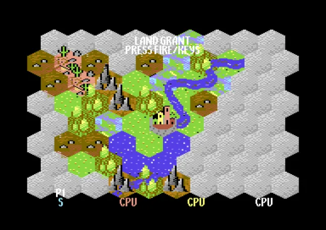 Land Grant stage of the initial turn showing a procedurally generated map