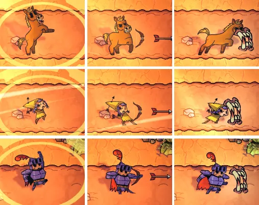 A nine panel diagram showing each of the three 'poses' being used by different character models (a horse, a small creature, and a knight)