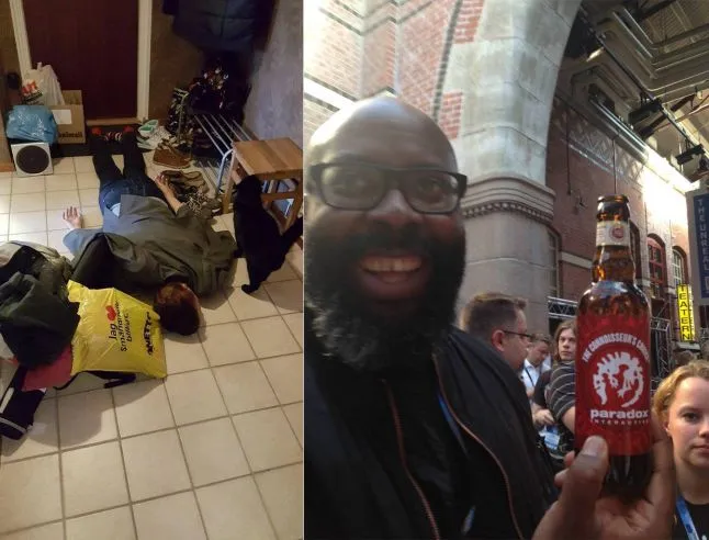Daniel from Guru Games, about to launch Magnetic: Cage Closed, demonstrating how you get home after NGJ15, and Vic Bassey showing Paradox branded beer, one of the (biggest) reasons for this tiresome situation