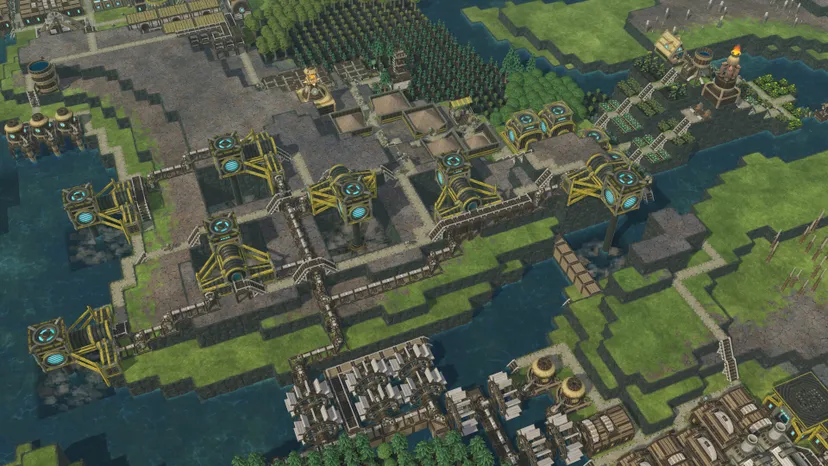 A picture of several terraforming units, drilling holes on top of large hills.