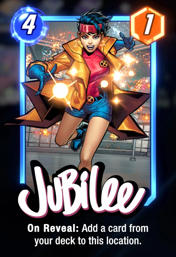 Jubilee's card from Marvel Snap. Her tag is 4, her energy is 1, and her skill is 