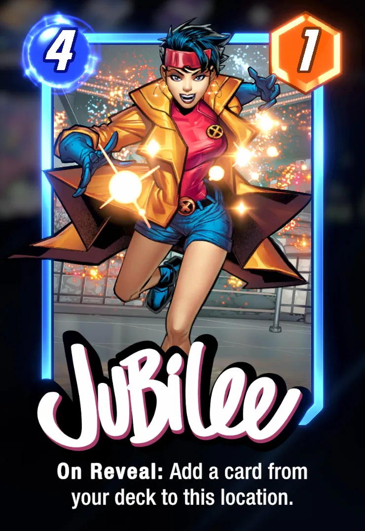 Jubilee's card from Marvel Snap. Her cost is 4, her power is 1, and her ability is