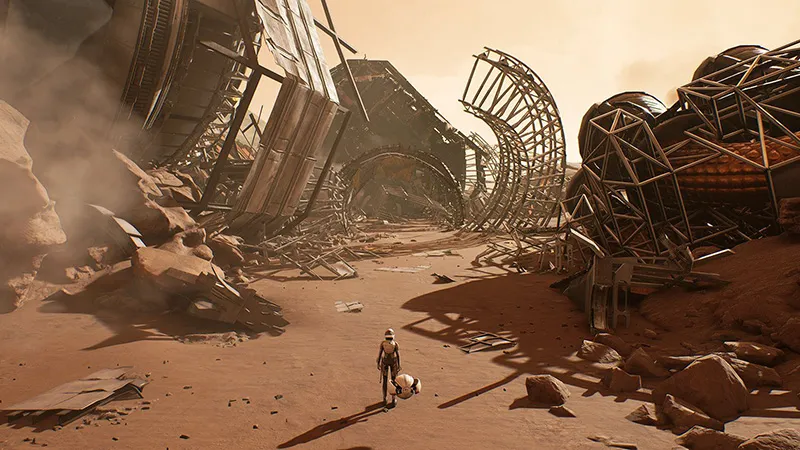 A screenshot from Deliver Us Mars. Player character Kathy Johnston stands on Mars, before the remains of a massive ruined spaceship.