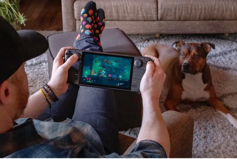 A person seated on a sofa plays Dead Cells on their Steam Deck while a dog watches on.
