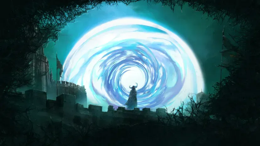 A figure in a horned hood stands before a bright glowing orb.