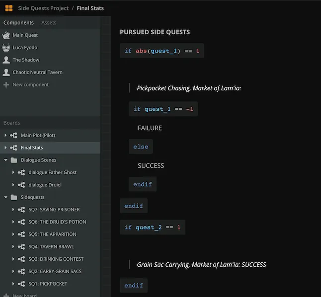Screenshot from Arcweave: the code that runs under the hood, at the game's final screen.