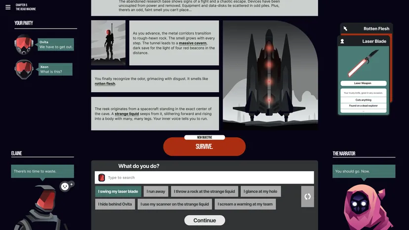 A screenshot of a sci-fi story in HIdden Door.