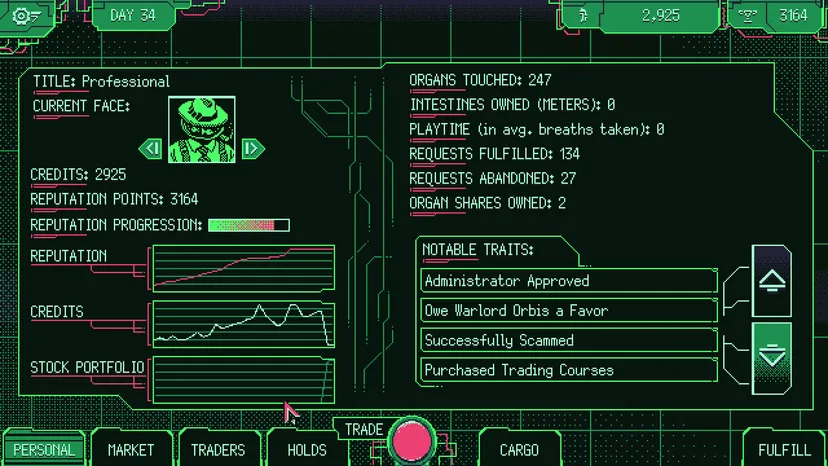 A SWOTS screenshot of the player's current stats, including reputation, currency, stock portfolio, and traits.