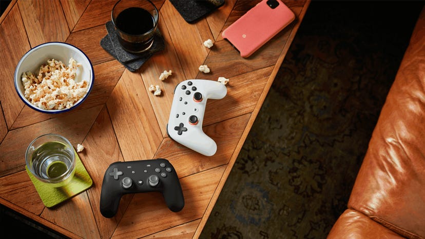 Google Stadia controllers on a table